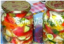 Vegetable salad in layers for the winter of peppers, tomatoes, cucumbers, carrots and onions